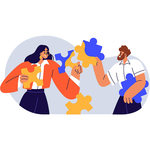 Illustrated concept of marketing specialists putting together puzzle pieces